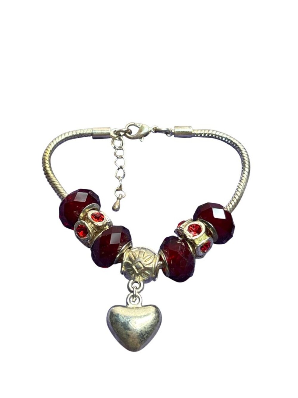 Silvertone Charm Bracelet Red Glass Beaded Rhinestones Overall Metal Wear